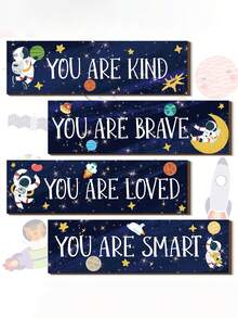 5 件太空房间装饰儿童男孩外太空墙壁艺术海报墙星系装饰太空人木制标志励志名言婴儿卧室教室托儿所，蓝色，约 11.81 英寸 X 3.54 英寸，适用于托儿所装饰、卧室装饰、儿童墙面装饰、房间装饰、房间装饰 - 彩色 - 查看 2