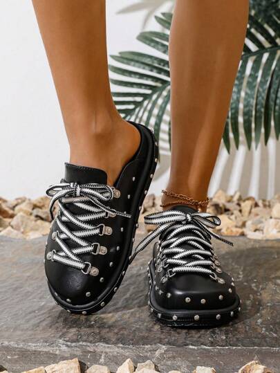Women's Fashion Comfortable Rivet Decor Black Wedge Heel & Platform Loafers