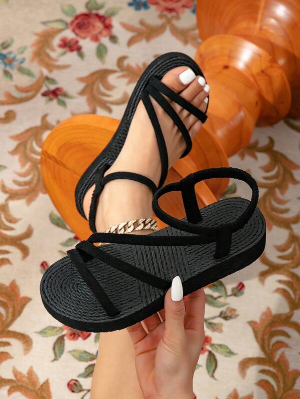 Sandales plates en velours pour femmes, mules décontractées de couleur noire, convient pour les vacances d'été et la plage