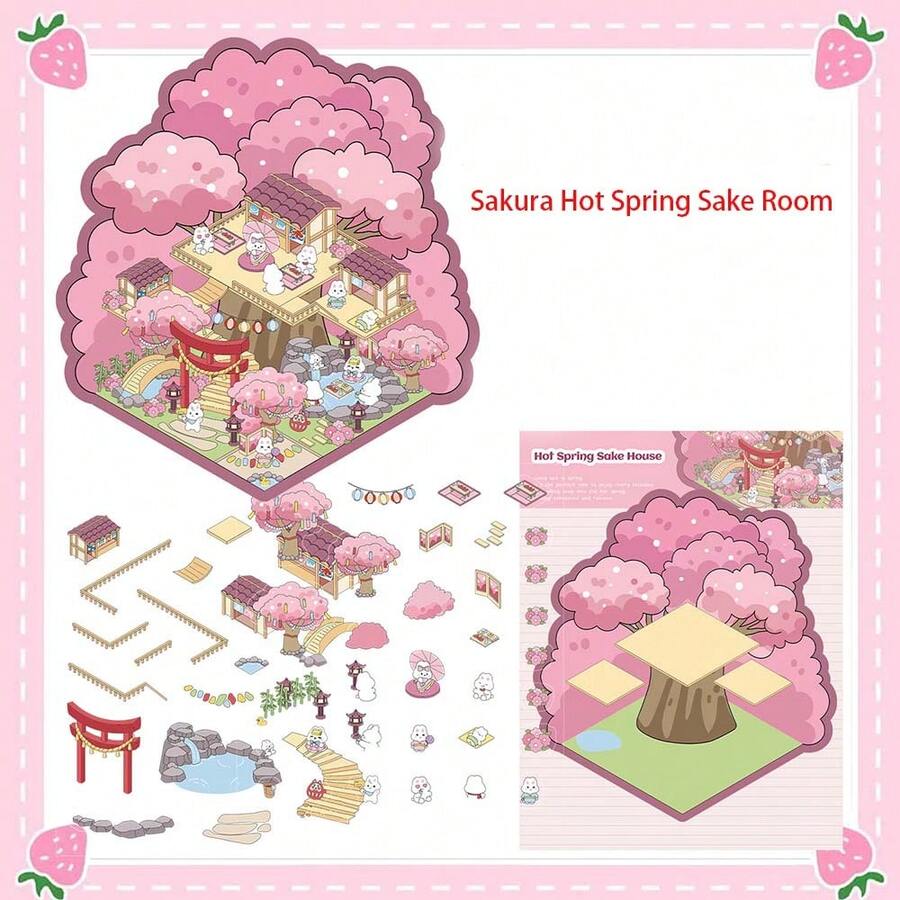 1 Piece Of Sakura Hot Spring Sake House Cartoon Landscape Sticker 3D Stereoscopic Cabin Decompression DIY Scene Tent - Multicolor - View 1