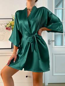 1 Pc Women Solid Color Elegant Tie-Waist Autumn/Winter Short Satin Robe, Sexy Bridal Bridesmaid Sleepwear, Comfortable Kimono Robe With Belt, Suitable For Home Use, For Fall, For Christmas - Dark Green - View 8