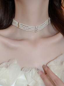 1pc Retro Multilayer Rhinestone & Pearl Necklace, Fashion Versatile Delicate Luxurious Choker Necklace - Multicolor - View 1
