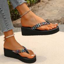 Chanclas de mujer con cuerda, plataforma trenzada de paja con tacón de 5cm de grosor, sandalias de cuña resistentes al desgaste y antideslizantes para vacaciones, playa y verano