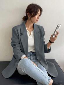 Bamboo Fashion Tailored Blazer With Lining Button Women Plus Size Elegant Business Coat New Collection Short Blazer Apricot Corduroy For Women,Chic Design,Spring Fall 2025New Arrival Popular Suit - 灰色 - 查看 3