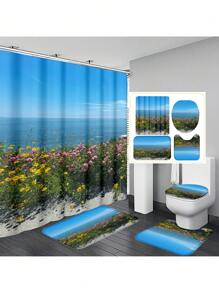 1pc/4pcs Ocean & Beach Floral Print Bathroom Curtain Set 12 Hooks, Anti-Slip Bath Mat, U-Shaped Toilet Mat & Round Toilet Cover, Multifunctional Bathroom Set For All Occasions Back To School