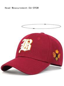 1pc Men's Gothic Letter & Bee Embroidery Baseball Cap, Adjustable Outdoor Casual Sun Protection Hat, Spring/Autumn - Burgundy - View 2
