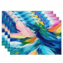 1/4/6/8/12 Pcs Linen Dining Table Placemats, Colorful Feather Oil Painting 3D Print Washable Table Mats, Surface Protective Pads, Indoor Outdoor Dining Table Mats, Suitable For Holiday Parties, Kitchen