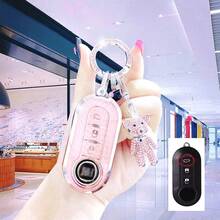 Porte-clés de voiture Fiat 500, pendentif charmant en forme d'ours rose dégradé pailleté pour femme/homme, porte-clés cristal perlé exquis, pendentif pour sac à dos, accessoires mignons, étui de protection en TPU. Convient aux véhicules Fiat 500/Panda/Stilo/Brava/Bravo/Doblo/Iveco. Cadeau idéal pour les amoureux