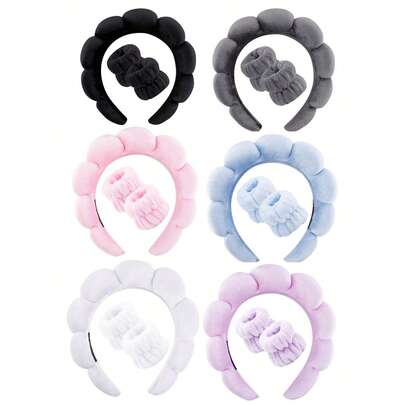 1个面部头带/2个面部腕带/3套SPA头带、化妆头带、面部头带、护肤头带、粉色天鹅绒蓬松海绵头带、蝴蝶结、泡泡头带、SPA头带、腕带、女士及女孩发饰套装