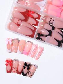 96片（4种混合款式）长棺材形和心形美甲贴片，3D水钻蝴蝶结法式美甲，中号按压式亚克力假指甲套装，包含1瓶甲油胶和1个指甲锉，适合情人节、法式美甲、女性日常、派对、美甲用品 - 彩色 - 查看 4