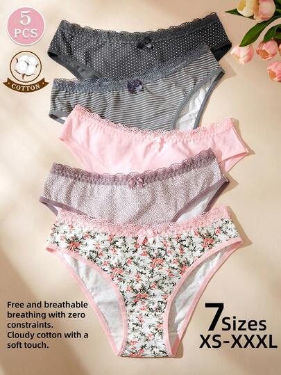 5-Pieces Sets Women's Sexy And Romantic Pink Lace Trim Low-Rise Bow Panties, Casual And Comfortable Women's Underwear, For All Seasons, New Year, Christmas And Valentine's Day Gifts.
