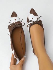 Women's Brown Pointed Toe Ballet Flats With Bow Decor, Elegant Slip-On Soft Bottom Loafers With Animal Print Fabric