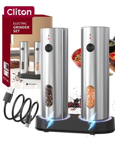 CLITON 1/2/2 piezas Juego recargable de molinillos eléctricos de sal y pimienta con luz LED automática - Funcionamiento con una sola mano, base de carga dual, ajuste de grosor - Molinillo de especias automático premium