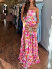 Women Tube Top Maxi Dress Fitted Strapless Mesh Patchwork Long Dress Floral Print High Slit Night Dresses Clubwear - Hồng - Xem 3