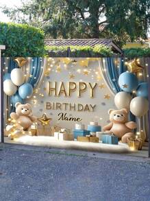 1 Pc Customizable Name Birthday Party Banner, Polyester Cute Bear Blue Curtains Gift Pattern Photography Background, Personalized Name Birthday Banner For Home Wall Cake Tabletop Decorating Supplies, 3 Sizes Available,Multi-Functional,Ornamental,Letter,Stylish,Modern,Colorful,Cute,Adorable,Casual,Custom,Personalised,Unique,Customized,Ideal Gifts For Him,Ideal Gifts For Her