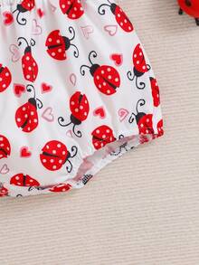 Baby Girl Outfit Set: Cute Strawberry Pattern Bodysuit, Blouse With Flutter Sleeves, Sun Hat - Red - View 6