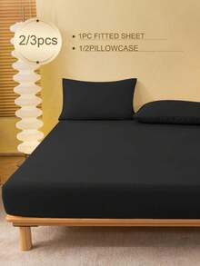 2/3 件纯色黑色床笠套装（1 件床笠+1/2 件枕套）、床垫保护套、床垫罩、床单套装、柔软透气、适用于所有尺寸的床 - 单人床、双人床、特大床、大号床单，深口袋，最大 11.8 英寸 家纺 - 黑色 - 查看 3