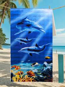 1ps Beach Towel 180*90cm Set With Sandproof Strap - Vibrant Dolphin & Tropical Fish Design, Quick-Dry Towel For Poolside, Vacation Essentials & Summer Travel Ocean Conservation Series Beach Essentials