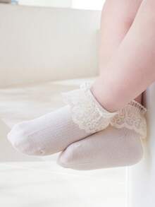1 Pair Girls' Solid Color Lace Trim Hollow Out Breathable Princess Ankle Socks, For Daily Wear