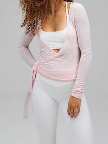 Pilates Wrap Tie Shirt Tops For Women Long Sleeve Ballet Tie Top Dance Ballerina Cover Up Top Yoga Workout Blouse - Hồng - Xem 2