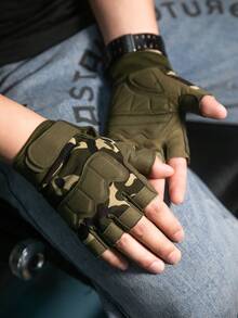 运动迷彩印花半指手套，适合骑自行车、骑摩托车和滑雪，黑色手套