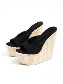 女士复古编织厚底防水坡跟凉鞋，一脚蹬露背帆布平底凉鞋，适合春假，波西米亚性感夜店高跟坡跟鞋 - 黑色 - 查看 7