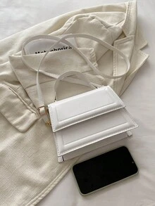 1个新款迷你时尚手提包，纯色纹理PU材质翻盖方形手提包，简约西式百搭通勤优雅单肩包，配有可拆卸可调节肩带