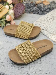 1 Pair New Style Kids Fashionable Casual Handmade Woven PU Material Net Striped Embellished Non-Slip Soft Cork Flat Open-Toe Slippers, Suitable For Summer - Ginger - View 6