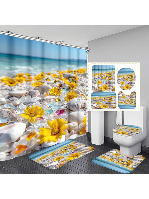 1pc/4pcs Ocean & Beach Floral Print Bathroom Curtain Set 12 Hooks, Anti-Slip Bath Mat, U-Shaped Toilet Mat & Round Toilet Cover, Multifunctional Bathroom Set For All Occasions Back To School