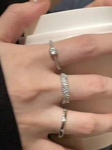 3 件套简约锆石金属开口戒指套装，女性小众设计高端简约休闲日常指环