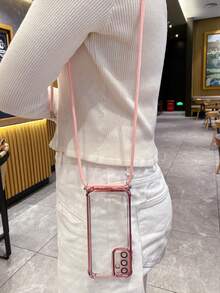 1pc Four-Corner Anti-Drop Electroplated Crossbody Strap Camera Protective Phone Case, Compatible With Apple, /Galaxy, Infinix, Redmi, OPPO, VIVO, Realme - Pink - View 2