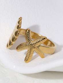 1 Pc Stainless Steel Shell & Starfish Decor Open Ring, Fashionable Daily Wear For Women - Geometry - View 4