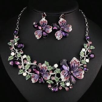3pc Set Floral Jewelry Earrings & Necklace Set, Elegant Bridal Wedding Party Wear