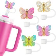 1 件/4 件闪光硅胶吸管盖蝴蝶吸管盖杯盖，10 毫米/0.39 英寸可重复使用吸管盖适用于玻璃杯配件