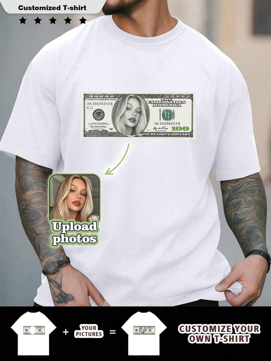 Customized Fun "Banknote" Photo Men's T-Shirt, Customize Your Text & Photo, Gift For Boyfriend/Husband, Valentine's Day Gift