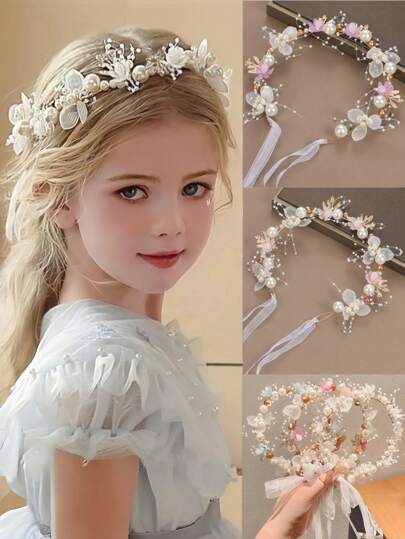 1 pieza Diadema de niña con flor de perlas y cinta, Tocado bohemio hecho a mano, Adecuado para festival, viaje, fiesta, boda, sesiones de fotos