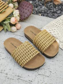 1 Pair New Style Kids Fashionable Casual Handmade Woven PU Material Net Striped Embellished Non-Slip Soft Cork Flat Open-Toe Slippers, Suitable For Summer - Ginger - View 2