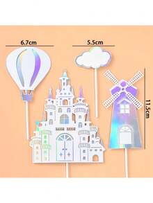 完整的城堡蛋糕装饰套装，包括粉色、蓝色、金色和银色城堡、风车、热气球、云朵和字母蛋糕装饰 - 閃銀城堡4pcs/套 - 查看 4