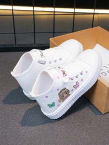 新款女童卡通图案低帮滑板鞋，时尚儿童校园运动鞋，大童魔术贴舒适跑步鞋，春夏款，蝴蝶图案，情人节款 - 白色 - 查看 4