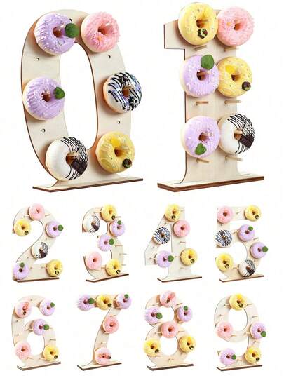 1 pieza - Soporte de columna de números de madera del 0 al 10 para donas, estante para donas para el hogar, soporte de colocación de donas para fiestas, soporte para donas de cumpleaños, emparejado con números de edad, decoración para baby shower, decoración del hogar, decoración del cuarto, bandeja de alimentos de madera