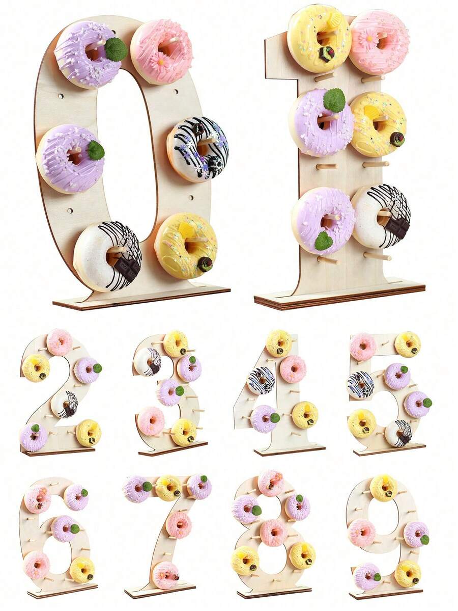 1pc - Wooden Number 0-10 Donut Display Stand, Home Donut Rack, Party Donut Display Stand, Birthday Party Donut Rack, Matching Age Numbers, Baby Shower Decoration, Home Decor, Room Decor, Wooden Food Tray - Digital Donut Board - View 1