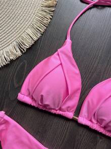 Bộ bikini cổ yếm màu trơn, đồ bơi mùa hè thời trang đi nghỉ mát biển màu hồng - Hồng - Xem 4