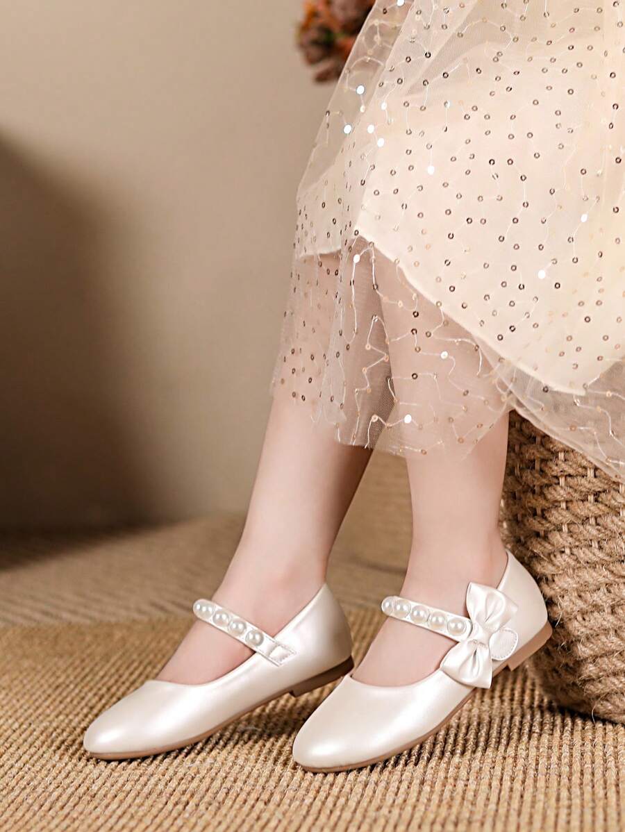 Pantofi plati cu bowknot perlat la modă pentru fete