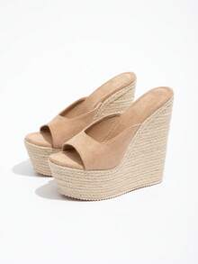 Giày sandal đế xuồng chống thấm nước kiểu retro dành cho nữ, hở mũi, thiết kế quai sau xỏ chân, chi tiết dây thừng, gót cao chunky, thích hợp cho mùa xuân và kỳ nghỉ, phong cách bohemian gợi cảm, trang phục mùa hè, phụ kiện du lịch thiết yếu. - Màu be - Xem 7