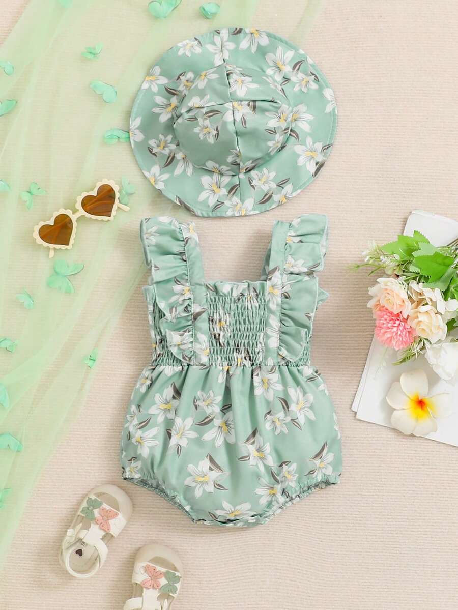 Baby Girl 2pcs Outfit: Strawberry Cute Print Bodysuit With Flutter Sleeves & Sun Hat - Blue - View 1