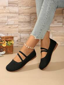 女士休闲圆头平底一脚蹬鞋，舒适透气轻便纯色优雅交叉带，适合室内/室外所有季节