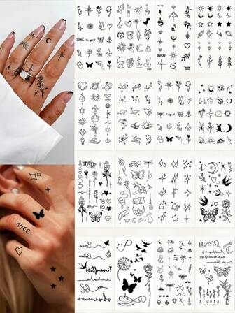 16 Sheets Hand Tattoos Tiny Temporary Tattoos Black Small Finger Tattoos Pattern Star Sun Moon Butterfly Rose Heart Expression Body Art Adult Waterproof Tattoo Sticker Suitable For Daily Life Men And Women