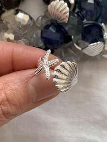 1 Pc Stainless Steel Shell & Starfish Decor Open Ring, Fashionable Daily Wear For Women - Geometry - View 1