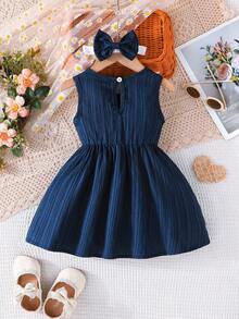 Baby Girl White Ruffle Wave & Green Sleeveless Dress + Headband - Navy Blue - View 2