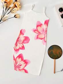 Seven Princess Sukienka dla młodych dziewcząt na lato, nowa, z kwiatowym nadrukiem, z rozcięciem na ramiączkach spaghetti, na co dzień, na wakacje, na imprezę, na zewnątrz - Biały - Zobacz 3